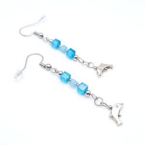 Dolphin Animal Blue Silver Square Beaded Dangle Drop Earrings Handmade Jewelry